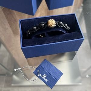 Swarovski Black Bracelet 14cm CRY DOR/GOS, Black Leather, Gold New in Box